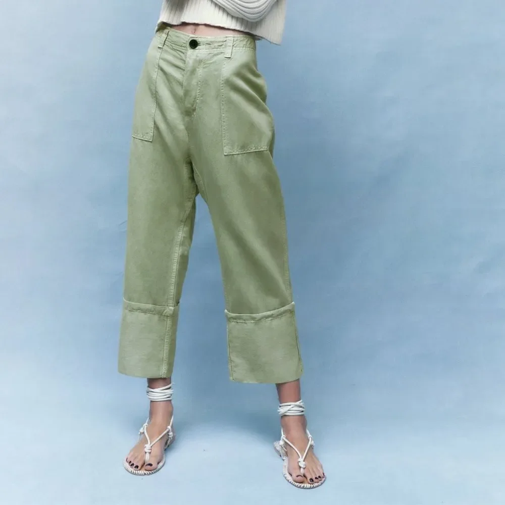 Zara LINEN BLEND TURNED UP CUFF PANTS